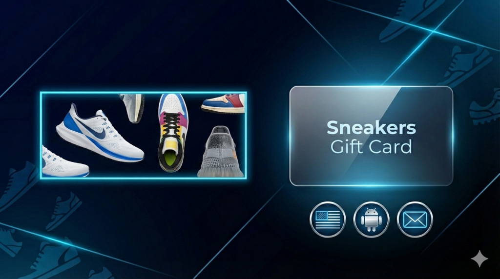 Sneakers Gift Card Now USA giveaway banner with gift card mockup and sneaker background.